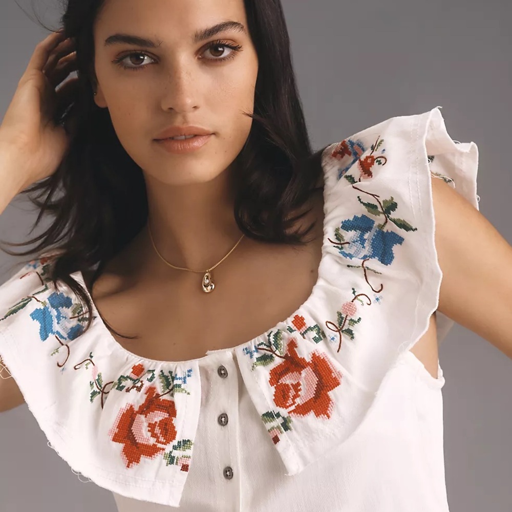 Embroidered White Ruffle-Sleeve Button Front Top - Picture 8 of 12